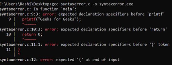 Compiler error output showing common syntax errors