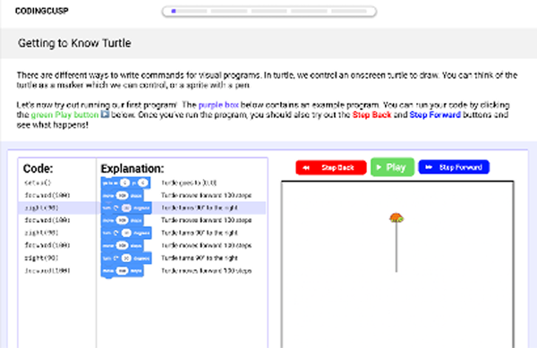 CodingCUSP interface showing side-by-side block and text editor