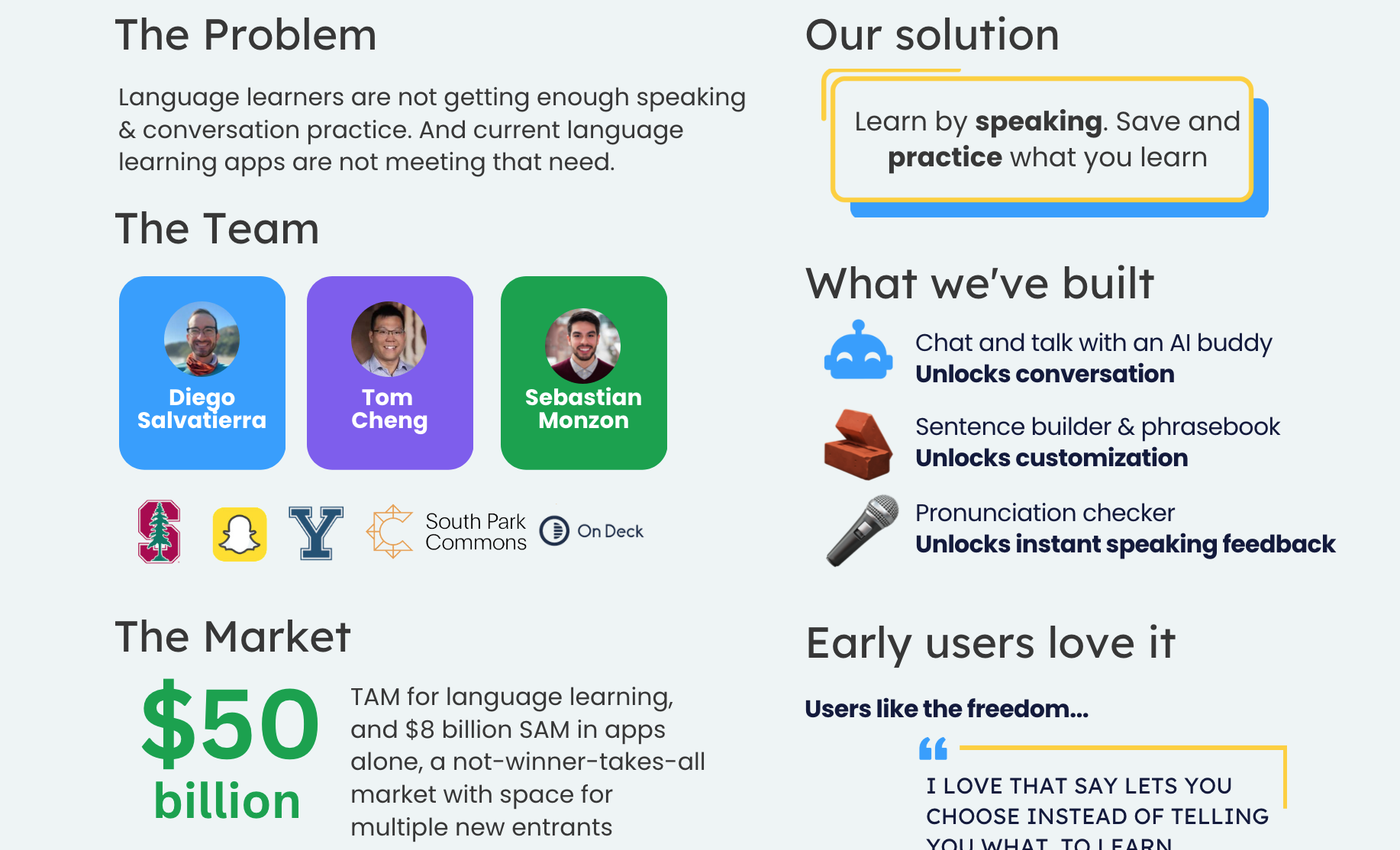 One-pager and pitch deck screenshot